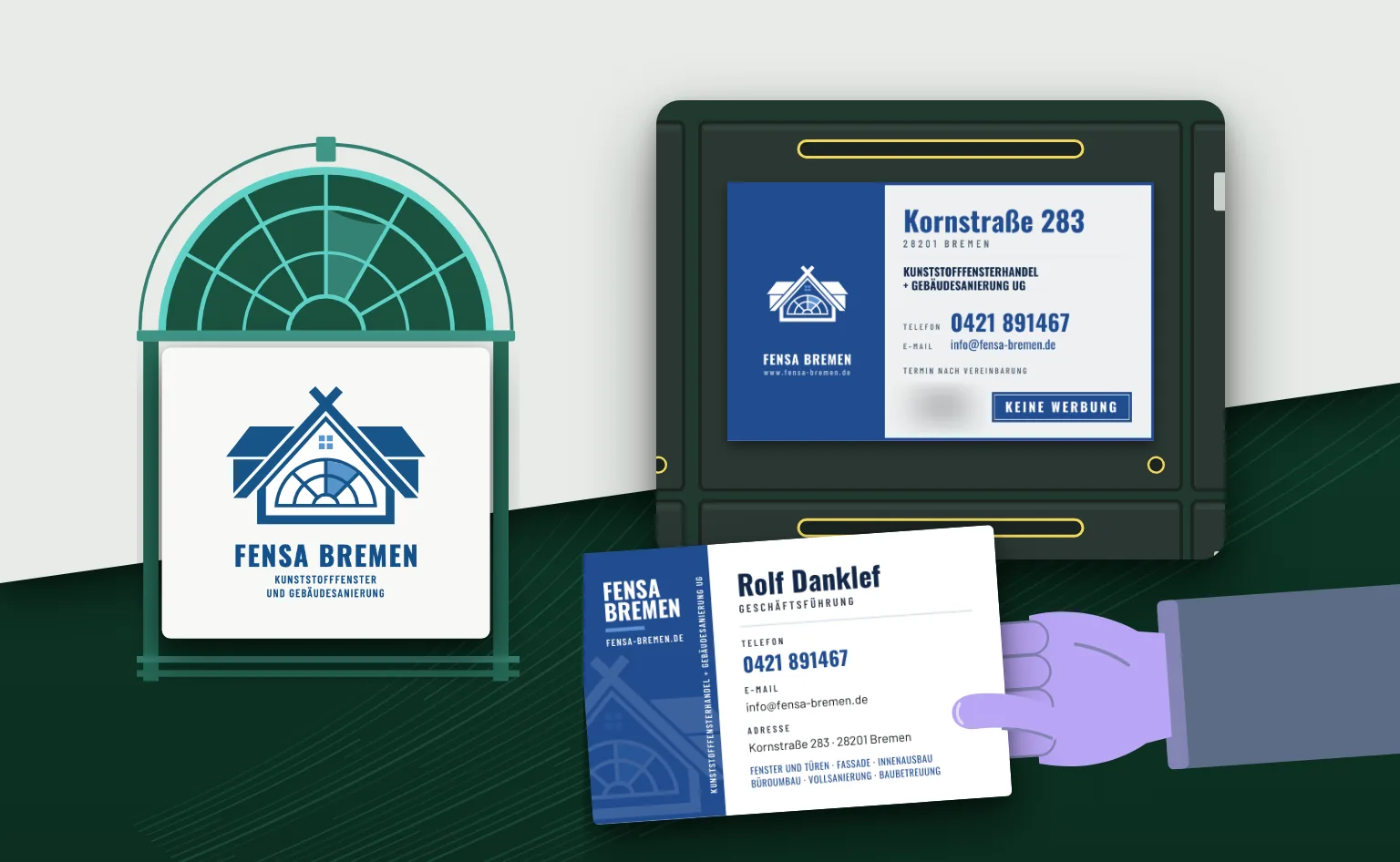 Logo, Briefkastenschild und Visitenkarte von FENSA Bremen.