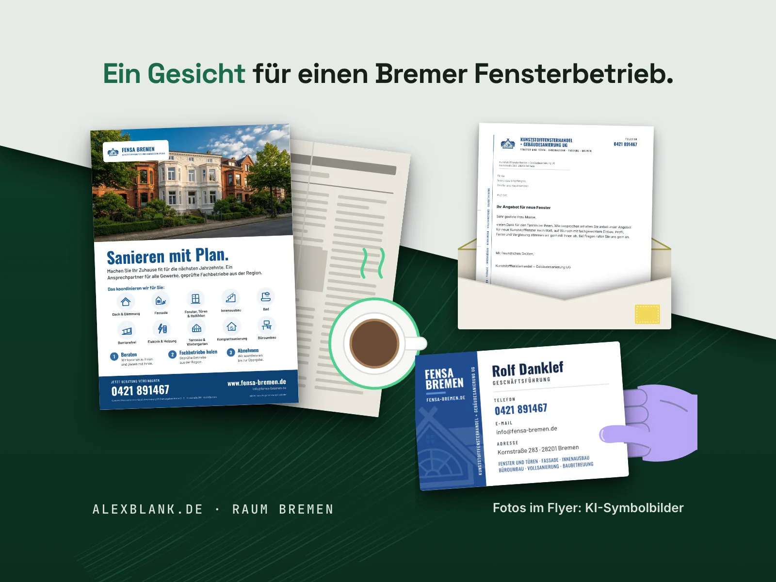 Flyer, Angebot auf dem Briefbogen und Visitenkarte von FENSA Bremen nebeneinander. Fotos im Flyer: KI-Symbolbilder