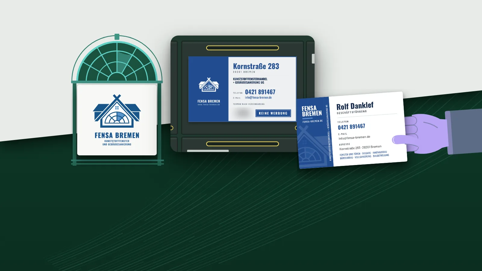 Logo, Briefkastenschild und Visitenkarte von FENSA Bremen, alle mit demselben Zeichen und denselben Farben