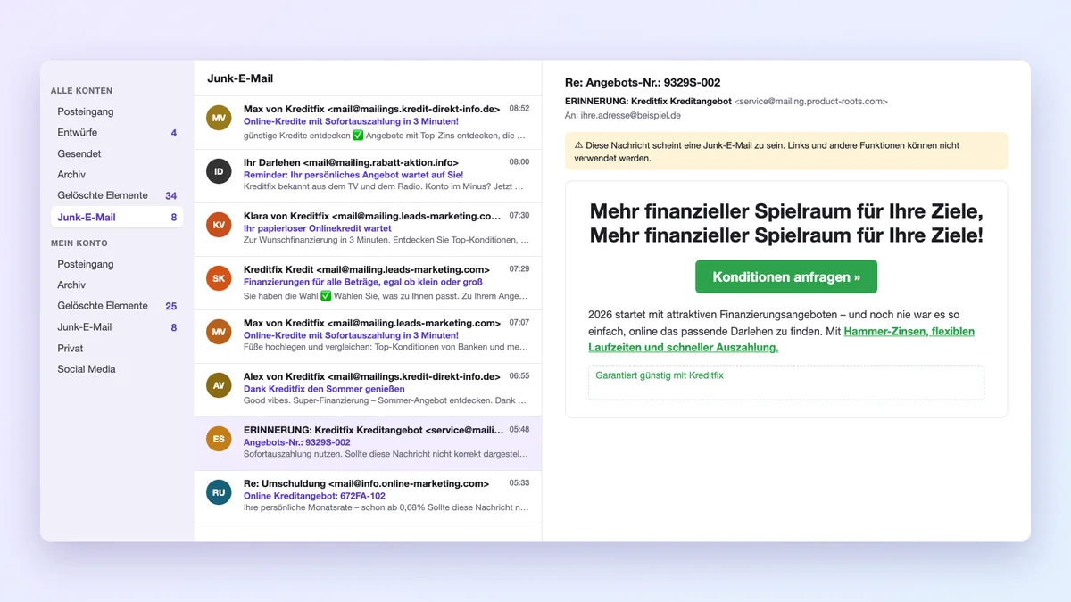 So sieht ein Junk-Ordner aus: viele Kredit-Mails mit wechselnden Absendern und gleichem Text